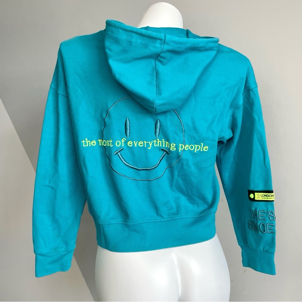 Teal Harajaku Smiley Graphic Hoodie